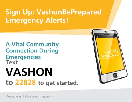 Text VASHON to 22828 to sign up for emergency alrt emails from VashonBePrepared